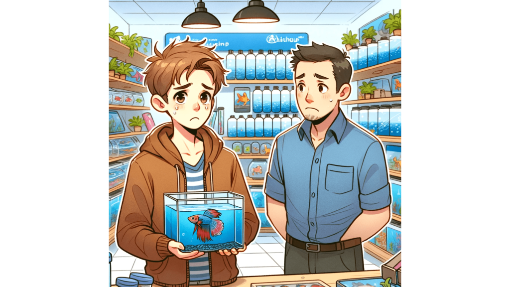 A worried young hobbyist, Alex, in a pet store, holding a small aquarium with a motionless betta