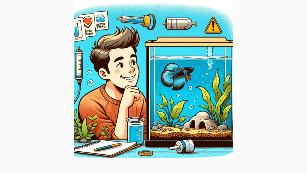 Alex smiling, looking at his active betta fish in a well-maintained tank.