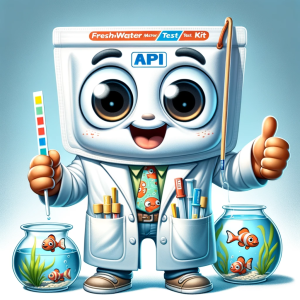A whimsical cartoon character based on the 'API Freshwater Master Test Kit'