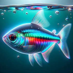 neon tetra fish in clear water, emphasizing its natural iridescence and the intricate details of its scales and fins.
