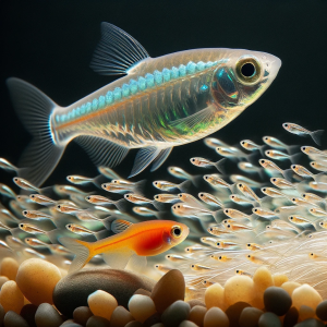 Photo of tiny neon tetra fry swimming in a clear freshwater environment with an adult neon tetra nearby, showcasing the contrast between the delicate fry and the vibrant adult fish.