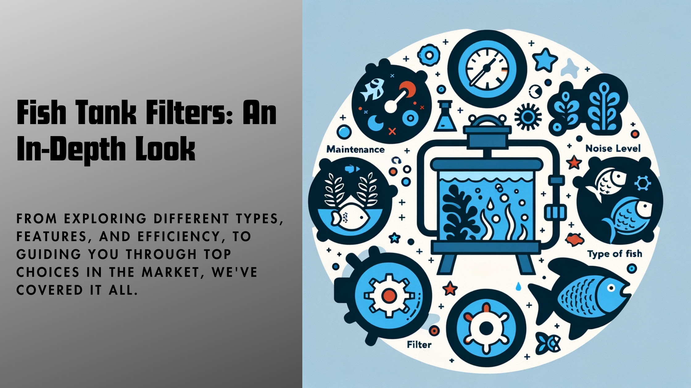 A visual representation of factors to consider when selecting a filter, such as maintenance, noise level, type of fish, and features