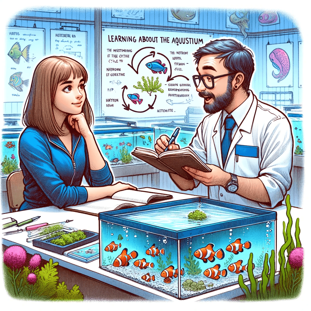 This image illustrates the educational moment between Sarah and the store owner. Here, Sarah is shown sitting attentively at a table in the fish store, with an open notebook and pen in hand, as the store owner explains the importance of the nitrogen cycle in an aquarium. The owner uses a small model of an aquarium to demonstrate, showing how the cycle works. Around them are diagrams and pictures of fish and aquarium setups, enhancing the educational atmosphere.