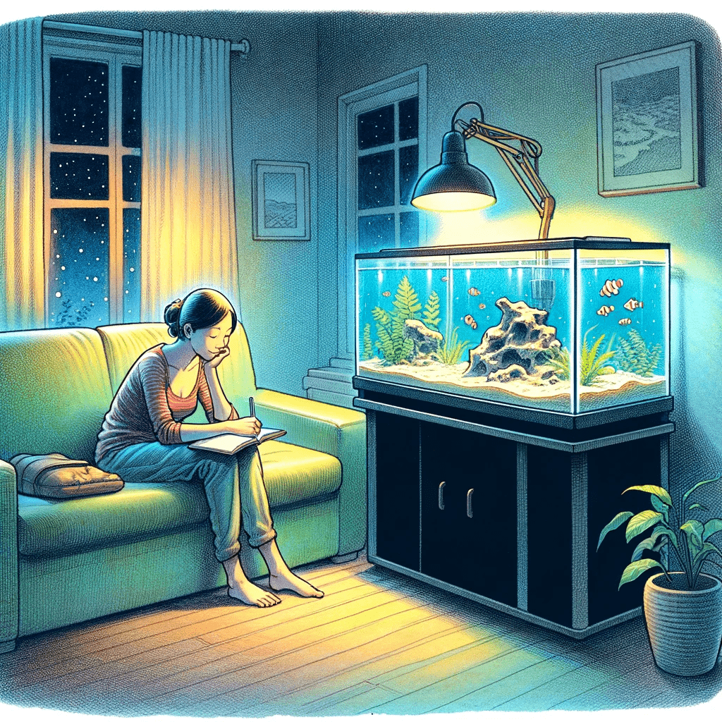The final image depicts Sarah at home, looking thoughtfully at her empty, newly set-up aquarium. This scene shows a quiet evening, with the room dimly lit and the tank glowing softly. Sarah is seated on a couch, with her notebook open, reflecting on what she learned. The room has a peaceful, serene atmosphere, symbolizing her acceptance of the need for patience in fish keeping. The window in the background shows a starry night, adding to the contemplative mood.