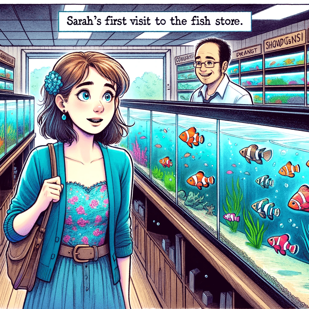 This image captures Sarah's excitement as she enters the fish store for the first time. The scene shows a bright, welcoming fish store with tanks of various sizes lining the walls. Sarah, depicted as a young woman with a look of wonder and a notebook in hand, is standing near the entrance. Her eyes are wide with excitement as she gazes at the colorful fish swimming in the nearest tank. The store owner, a knowledgeable figure with a friendly demeanor, is seen in the background, ready to greet her.